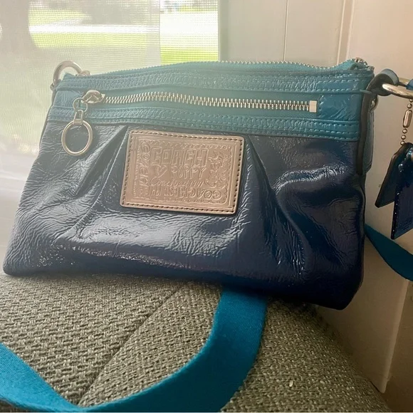 Coach Poppy Blue Leather Crossbody Bag with Silver Hardware - Picture 1 of 5